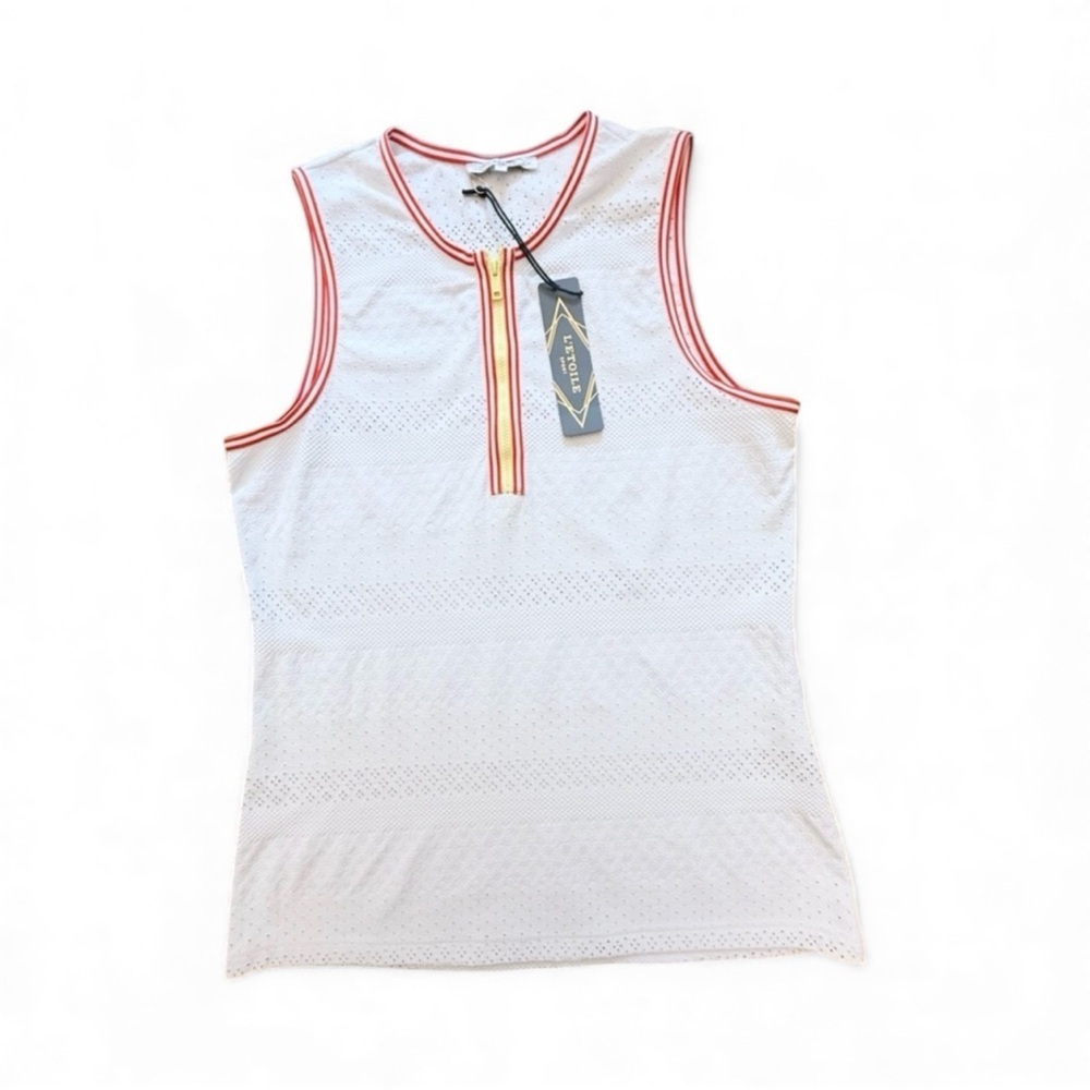 L’Etoile Zip Front Tennis Tank Top in White with Red and Yellow Trim Size Large